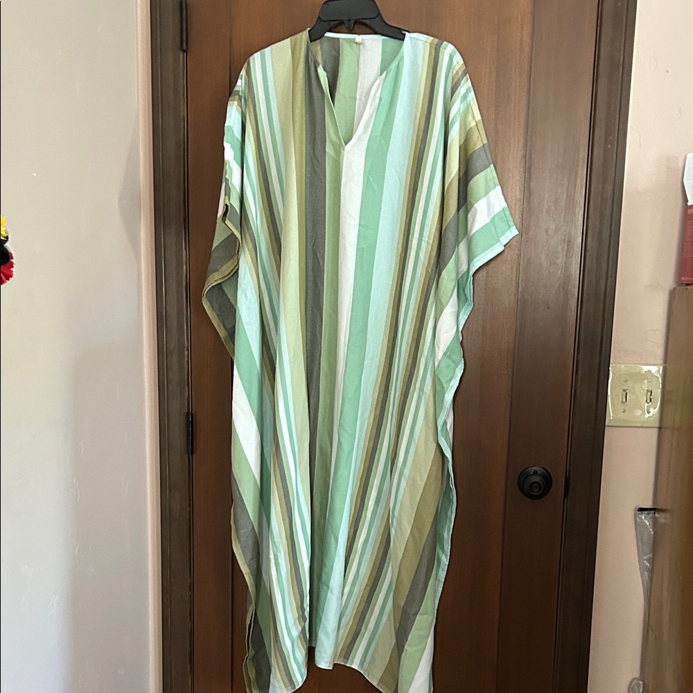 Marrakshi Life Striped Green and Beige Kaftan XS